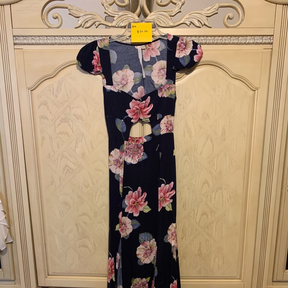Navy Flower Cut Out Dress with Bottom Slits